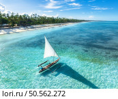 Aerial view of the sailboat on blue sea, empty white sandy beach at sunset. Summer vacation in Zanzibar. Tropical landscape with boat, ocean with clear water, green palms, sky. Top drone view. Exotic. Стоковое фото, агентство Ingram Publishing / Фотобанк Лори
