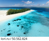 Aerial view of blue sea and amazing Mnemba island, Zanzibar. Top view of white sandy beach, green trees, palms, ocean with clear azure water on summer sunny day. Tropical landscape. Exotic. Travel. Стоковое фото, агентство Ingram Publishing / Фотобанк Лори