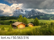 Amazing Alpe di Siusi at sunset in summer. Colorful landscape with alpine mountains in low clouds, village with wooden houses, green meadows, yellow flowers on hills, purple sky. Dolomites, Italy. Стоковое фото, агентство Ingram Publishing / Фотобанк Лори