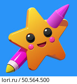 A cute. cartoon style yellow star with a big smile holds a pink crayon. Perfect for childrens books. educational materials. or fun. playful designs. Стоковая иллюстрация, агентство Ingram Publishing / Фотобанк Лори
