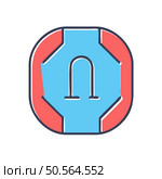 A stylized icon depicting a rounded octagon with a blue center. featuring a vertical. arch shaped element and two small feet at the bottom.  Perfect for representing secure connections. data flow. or digital security. Стоковая иллюстрация, агентство Ingram Publishing / Фотобанк Лори