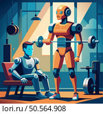 Two robots. one lifting weights and one resting. demonstrate the advancements in AI technology. Стоковая иллюстрация, агентство Ingram Publishing / Фотобанк Лори