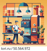 A man operates a machine with a flatbed. likely for production or manufacturing. in a brightly colored. stylized industrial space. Стоковая иллюстрация, агентство Ingram Publishing / Фотобанк Лори