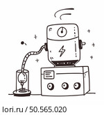 A quirky. hand drawn illustration of an AI robot with a light bulb head. wires. and a control panel. This playful design is perfect for tech blogs. presentations. and educational materials. Стоковая иллюстрация, агентство Ingram Publishing / Фотобанк Лори