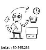 Hand drawn doodle illustration of a robot juggling a lightbulb. a document and a warning sign. This playful design is perfect for websites. apps. or presentations on AI. technology. and automation. Стоковая иллюстрация, агентство Ingram Publishing / Фотобанк Лори