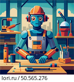A friendly robot wearing a hardhat and overalls works in a workshop. The robot has a futuristic design. but is presented in a friendly. relatable way. Стоковая иллюстрация, агентство Ingram Publishing / Фотобанк Лори