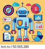 A friendly AI robot stands confidently amidst data visualizations and tech icons. representing the power of automation in business analytics. Стоковая иллюстрация, агентство Ingram Publishing / Фотобанк Лори