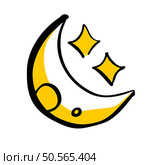 A simple. hand drawn illustration of a crescent moon and two stars. perfect for adding a touch of whimsy to your designs. Стоковая иллюстрация, агентство Ingram Publishing / Фотобанк Лори