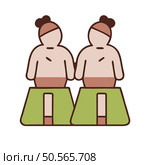 A simple. stylized illustration of two sumo wrestlers in traditional garb. facing each other on a green wrestling ring. Perfect for websites. social media. or printed materials related to Japan. sports. or culture. Стоковая иллюстрация, агентство Ingram Publishing / Фотобанк Лори