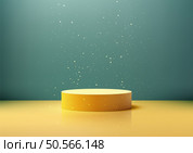 3D bright yellow circular podium rests on a yellow floor with a blue background. Golden sparkles add elegance, modern product displays, stylish mockups, and creative showcases. Стоковая иллюстрация, агентство Ingram Publishing / Фотобанк Лори