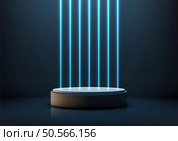 3D circular podium with glowing blue neon lights, set on a reflective surface. Technology futuristic product displays, digital mockups, and sleek modern showroom designs. Стоковая иллюстрация, агентство Ingram Publishing / Фотобанк Лори