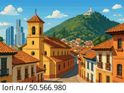 Midday Panorama of Bogotá with Monserrate Hill and La Candelaria. Стоковая иллюстрация, иллюстратор Максим Гребешков / Фотобанк Лори