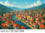 Sarajevo Panorama with River, Red Roofs, and Green Hills. Стоковая иллюстрация, иллюстратор Максим Гребешков / Фотобанк Лори