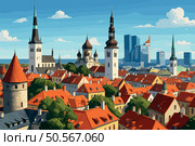 Tallinn Cityscape with Medieval Towers and Modern Glass Buildings. Стоковая иллюстрация, иллюстратор Максим Гребешков / Фотобанк Лори