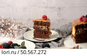 Chocolate cake slice with caramel frosting and a raspberry on top, surrounded by fresh berries and a floral arrangement, creating a cozy dessert scene. Стоковое фото, агентство Ingram Publishing / Фотобанк Лори