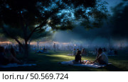 Evening picnic gathering in a park with fairy lights illuminating the atmosphere during twilight hours. Стоковое AI-изображение, AI-художник Сергей Толмачёв / Фотобанк Лори