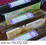 Федеральная специальная марка Российской Федерации на бутылках с вином и денежные купюры. Редакционное фото, фотограф Цибаев Алексей / Фотобанк Лори
