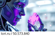 A futuristic robot with a metallic face holds a glowing pink puzzle piece. The background is blurred, suggesting a high-tech environment. Стоковое AI-изображение, AI-художник Olga Dmitrieva / Фотобанк Лори