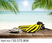Mask, fins and snorkel on wooden desk. Equipment for diving. Tropical beach on background. Mask, fins and snorkel on wooden desk. Стоковое фото, агентство Ingram Publishing / Фотобанк Лори