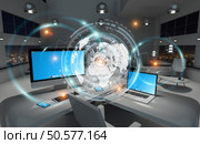 Office with modern devices and digital datas on hologram screens 3D rendering. Стоковое фото, агентство Ingram Publishing / Фотобанк Лори