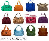 Set of multicolored female bags on a white background.12 pieces. Стоковое фото, агентство Ingram Publishing / Фотобанк Лори
