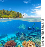 Underwater view of coral reef and scuba diver with horizon and water surface split by waterline. Beautiful nonsettled tropical island on background. Summer holiday concept. High Resolution. Underwater coral reef with scuba diver. Стоковое фото, агентство Ingram Publishing / Фотобанк Лори