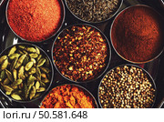 Set of traditional indian spices for cooking - green cardamom, turmeric powder,  coriander seeds, cinnamon, cumin, and chili. Стоковое фото, агентство Ingram Publishing / Фотобанк Лори
