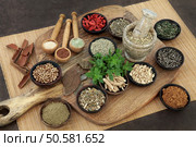 Herb and spice health food selection for men in wooden bowls and spoons. Used in natural alternative herbal medicine. Стоковое фото, агентство Ingram Publishing / Фотобанк Лори
