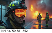 A firefighter's helmet AI overlays structural analysis and building house blueprint plan across smoke-filled corridors, emergency concept. Стоковое AI-видео, аниматор Sergey Grishin / Фотобанк Лори