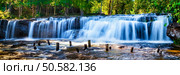 Panorama of Tropical waterfall Phnom Kulen, Cambodia. Tropical waterfall in jungle with motion blur. Стоковое фото, агентство Ingram Publishing / Фотобанк Лори