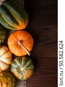  Autumn Gourds and decorative pumpkins on dark wood table. Стоковое фото, агентство Ingram Publishing / Фотобанк Лори
