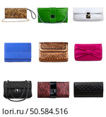 Set of multicolored female purses on a white background.9 pieces. Стоковое фото, агентство Ingram Publishing / Фотобанк Лори
