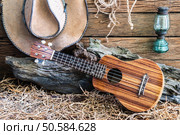 Still life photography with ukulele with american west rodeo brown felt cowboy hat and traditional in vintage ranch barn background. Стоковое фото, агентство Ingram Publishing / Фотобанк Лори