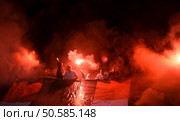 WARSAW, POLAND - MAY 20, 2015: Polish Football League match Legia Warsaw - Jagiellonia Bialystoko/p: Legia fans supporters. Polish Football fans supporters. Редакционное фото, агентство Ingram Publishing / Фотобанк Лори