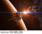 Crew Exploration Vehicle Docking In Space. 3D Illustration.. Crew Exploration Vehicle Docking. Стоковое фото, агентство Ingram Publishing / Фотобанк Лори