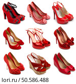 Set of red,female shoes on a white background.9 pieces. Стоковое фото, агентство Ingram Publishing / Фотобанк Лори