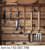 Garden tools hanging up in wooden shed, dibbers, trowel, fork and spade. Стоковое фото, агентство Ingram Publishing / Фотобанк Лори