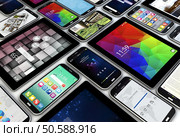 render of a collection of smartphones and tablets with different screens. Стоковое фото, агентство Ingram Publishing / Фотобанк Лори