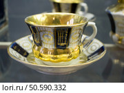 Moscow, Russia - March 1, 2025: The exhibition of the famous Russian brand Gzhel is the production of tableware and other ceramic products. Редакционное фото, фотограф Татьяна Васильева / Фотобанк Лори
