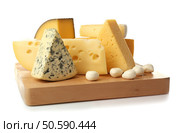Assortment of cheese on wooden board isolated on white. Стоковое фото, агентство Ingram Publishing / Фотобанк Лори