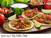 Mexican cuisine - tortillas with chili con carne and tomato salsa on wooden board, horizontal. Стоковое фото, агентство Ingram Publishing / Фотобанк Лори