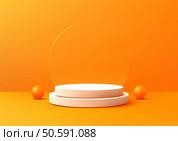 3D white two tiered cylindrical podium against a vibrant orange backdrop with sphere accents. Ideal for stylish product displays, branding, mockups, and modern design. Стоковая иллюстрация, агентство Ingram Publishing / Фотобанк Лори