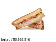 Two slices of club sandwich made with ham, cucumber, cheese and tomato isolated on white background. Home lunch concept. Two slices of club sandwich made with ham, cucumber, cheese and tomato isolated. Стоковое фото, агентство Ingram Publishing / Фотобанк Лори