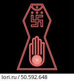 Neon symbol Jainism emblem Jain Prateek Chihna Hand Akhimsa Ahimsa arm religion Dharma Ahinsa Mahavir Jayanti red color vector illustration image flat style light. Neon symbol Jainism emblem Jain Prateek Chihna Hand Akhimsa Ahimsa arm religion Dharma Ahinsa Mahavir Jayanti red color vector illustration image flat style. Стоковая иллюстрация, агентство Ingram Publishing / Фотобанк Лори