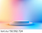 modern 3d white round podium stand on a vibrant gradient background transitioning from yellow to pink to blue, product display, mockup, minimalist showcase scenes with soft dreamy lighting. Стоковая иллюстрация, агентство Ingram Publishing / Фотобанк Лори
