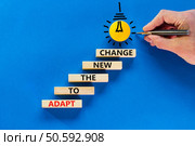 Adapt to the new change symbol. Wooden blocks with words Adapt to the new change on blue background, copy space. Light bulb icon. Businessman hand with pen. Business, adapt to change concept.. Adapt,To,The,New,Change,Symbol.,Wooden,Blocks,With,Words. Стоковое фото, агентство Ingram Publishing / Фотобанк Лори
