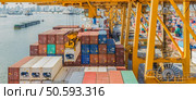 crane loading container box to container cargo freight ship in port shipping containers a logistics business and global trading. logistics, global business and transportation concept. Стоковое фото, агентство Ingram Publishing / Фотобанк Лори