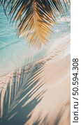Calm Beach Setting With Palm Leaves Casting Shadows on Golden Sand and Gentle Waves. Стоковое AI-видео, аниматор Юлия Гапеенко / Фотобанк Лори