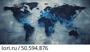 Global network connections illuminating countries and cities across the world at night. Стоковое AI-изображение, AI-художник Сергей Толмачёв / Фотобанк Лори