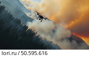 Drone fly through thick cloud of smoke over devastated by wild fire mountain. Burned forest in rural area. Environmental crisis and natural disaster. Global war and warming effect. Стоковое AI-видео, аниматор Sergey Grishin / Фотобанк Лори